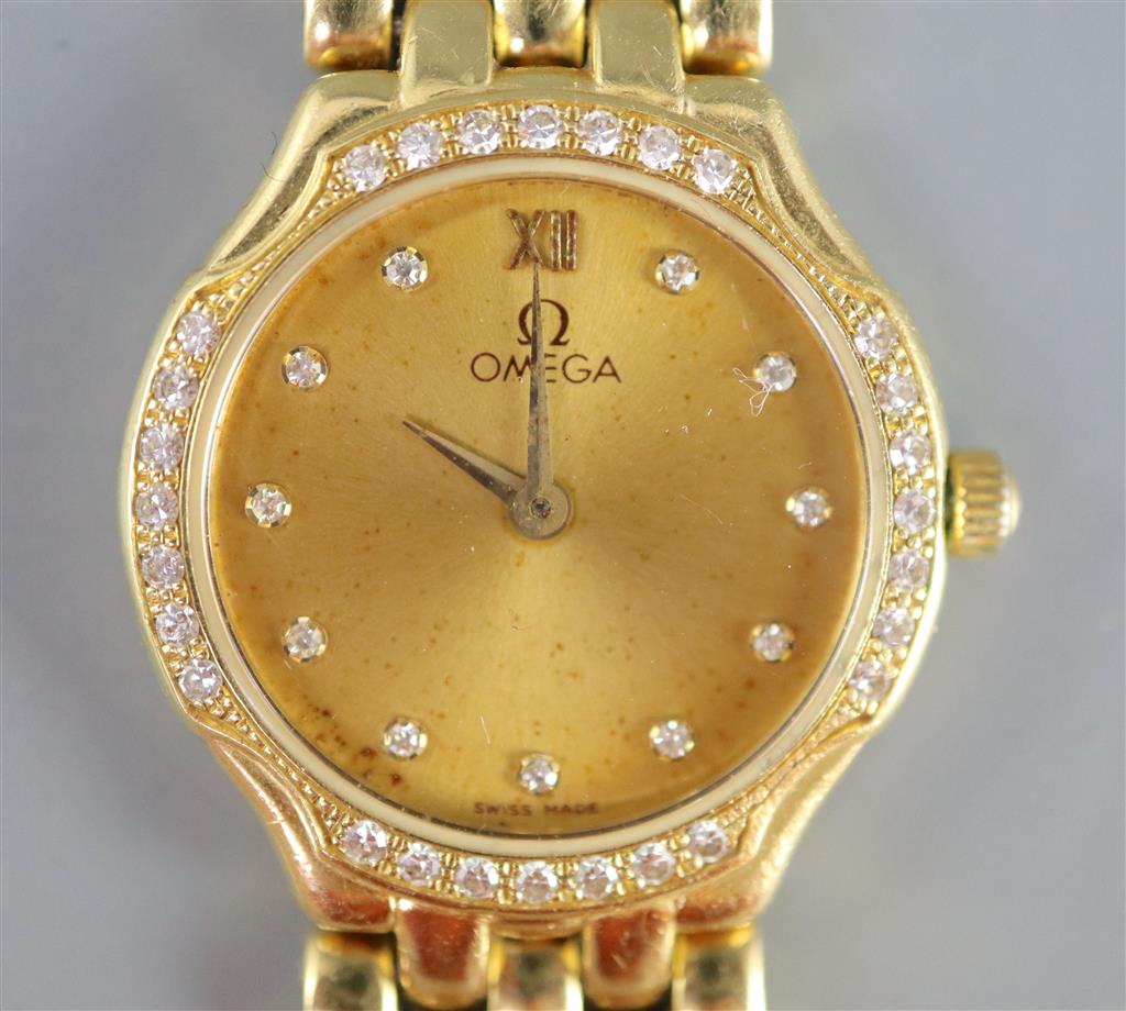 A ladys 18ct. gold Omega quartz wrist watch with diamond set bezel and numerals,